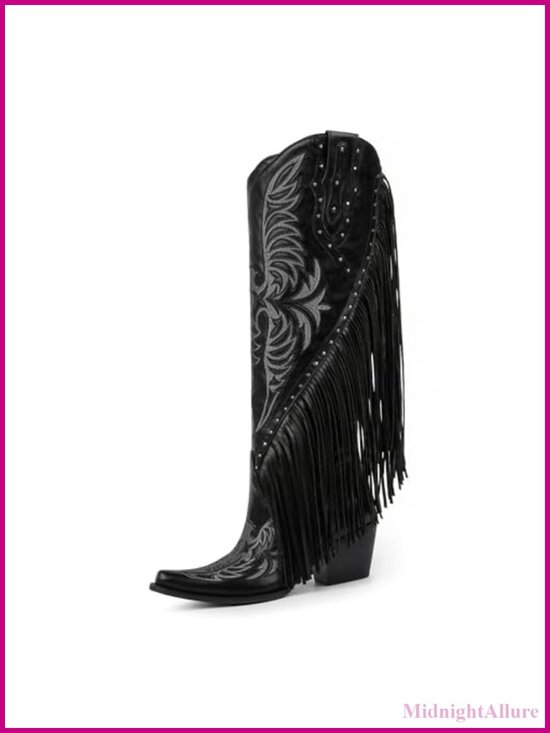 Shoes - Fringe Cowgirl Boots Embroidered Studded Pointed Toe Chunky Heel Western Knee